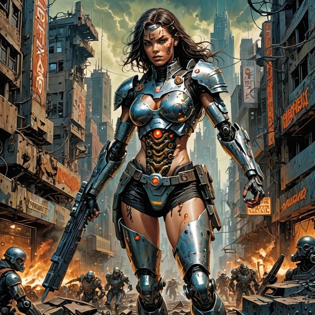 Cyborg Warrior in Dystopian Cyberpunk Grunge Art