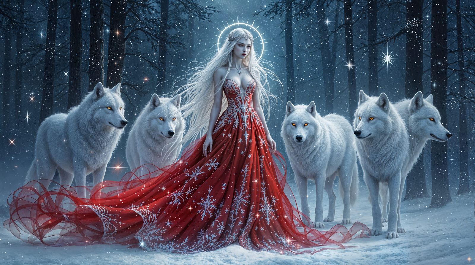 Ethereal Fantasy Queen Surrounded by Glowing Wolves in Snowy...