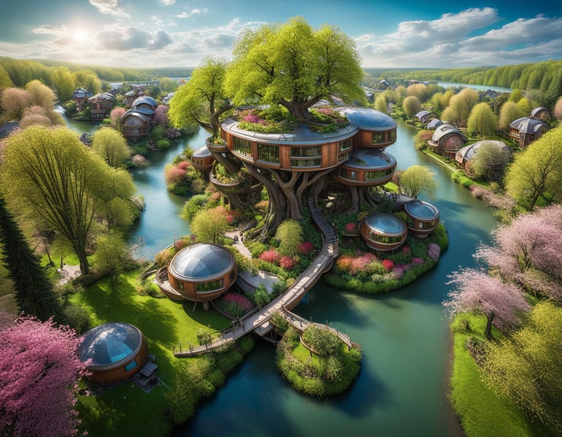Futuristic Treehouse Hamlet in Springtime, Ultra-Wide Angle