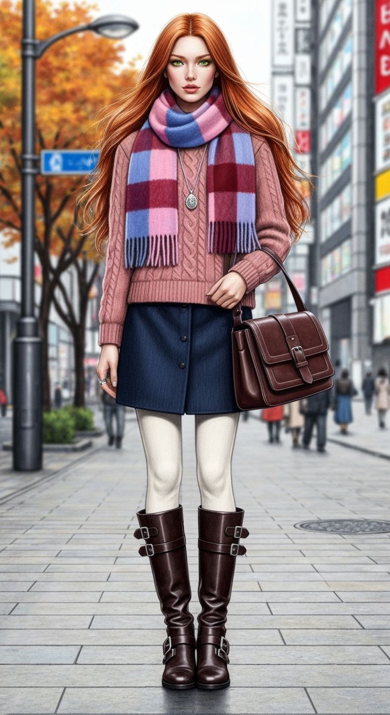 Japanese Woman in Autumn Shibuya Fashion Sketch