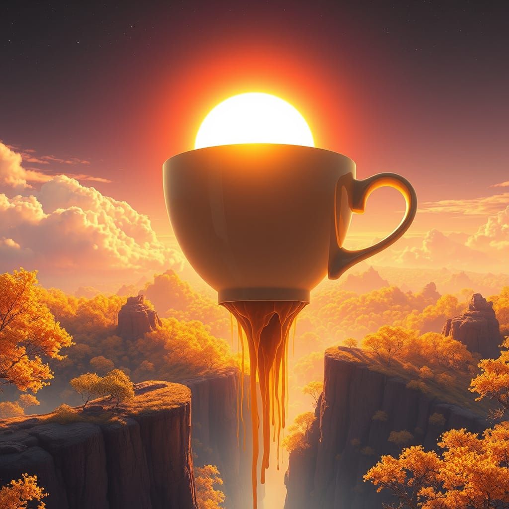 Coffee Cup Eclipse: Golden Trees Dreamscape