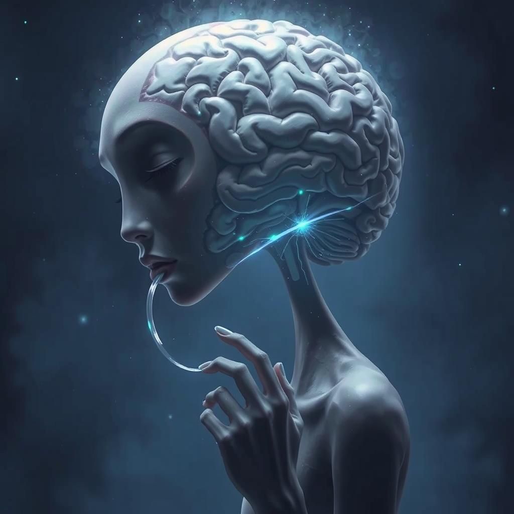 Surreal Figure Licking Brain in Mystical Landscape