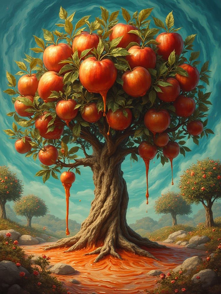 Surreal Melting Apple Tree in Dali Style
