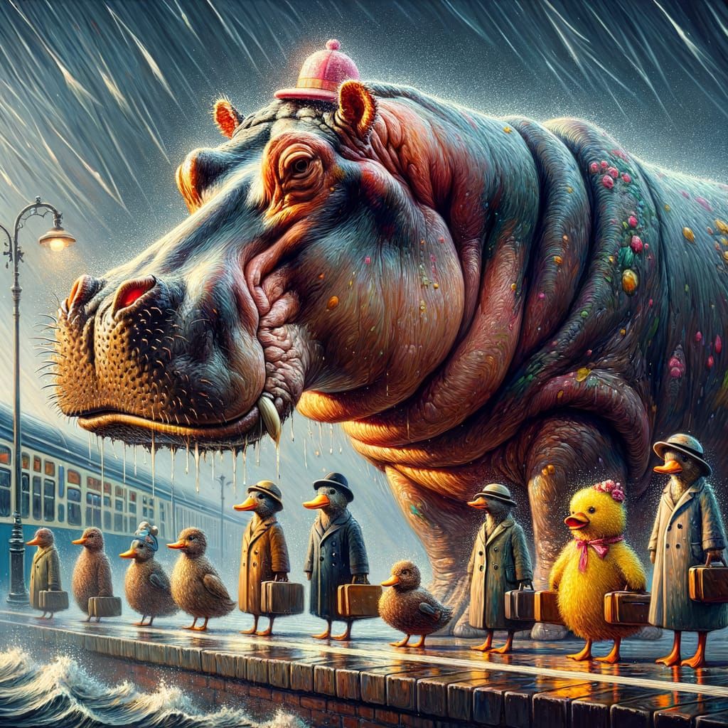 Hippo and Ducks Awaiting Train as Impasto Painting