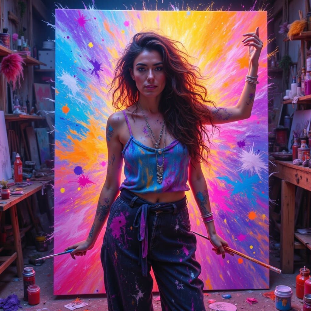 Expressive Portrait of Artist in Bioluminescent Studio