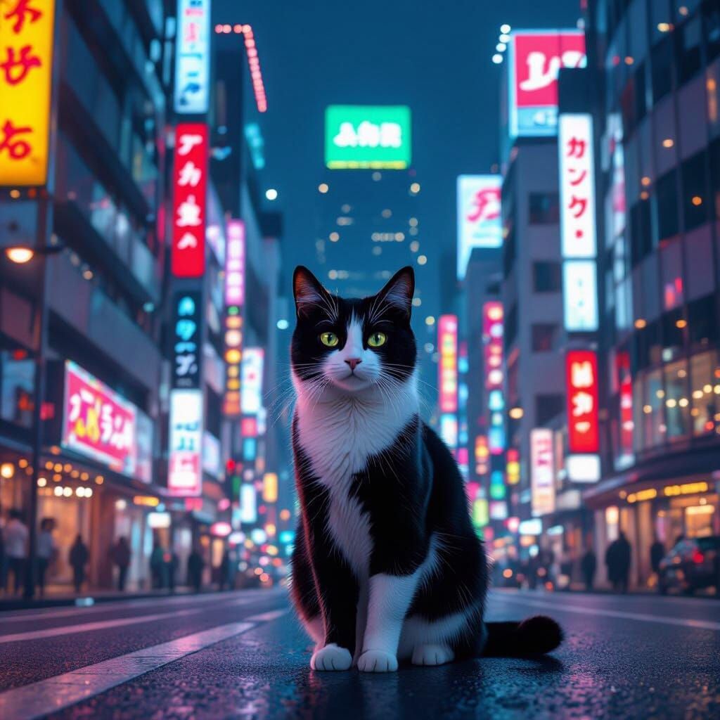 Majestic Cat in Neon Tokyo: Stylized Digital Art
