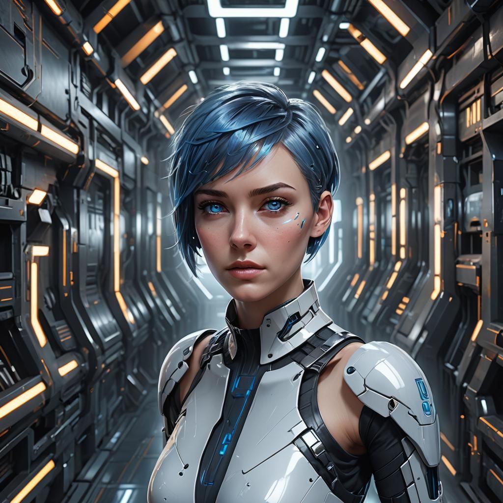 Cyberpunk Woman with Blue Hair in Dark Maze