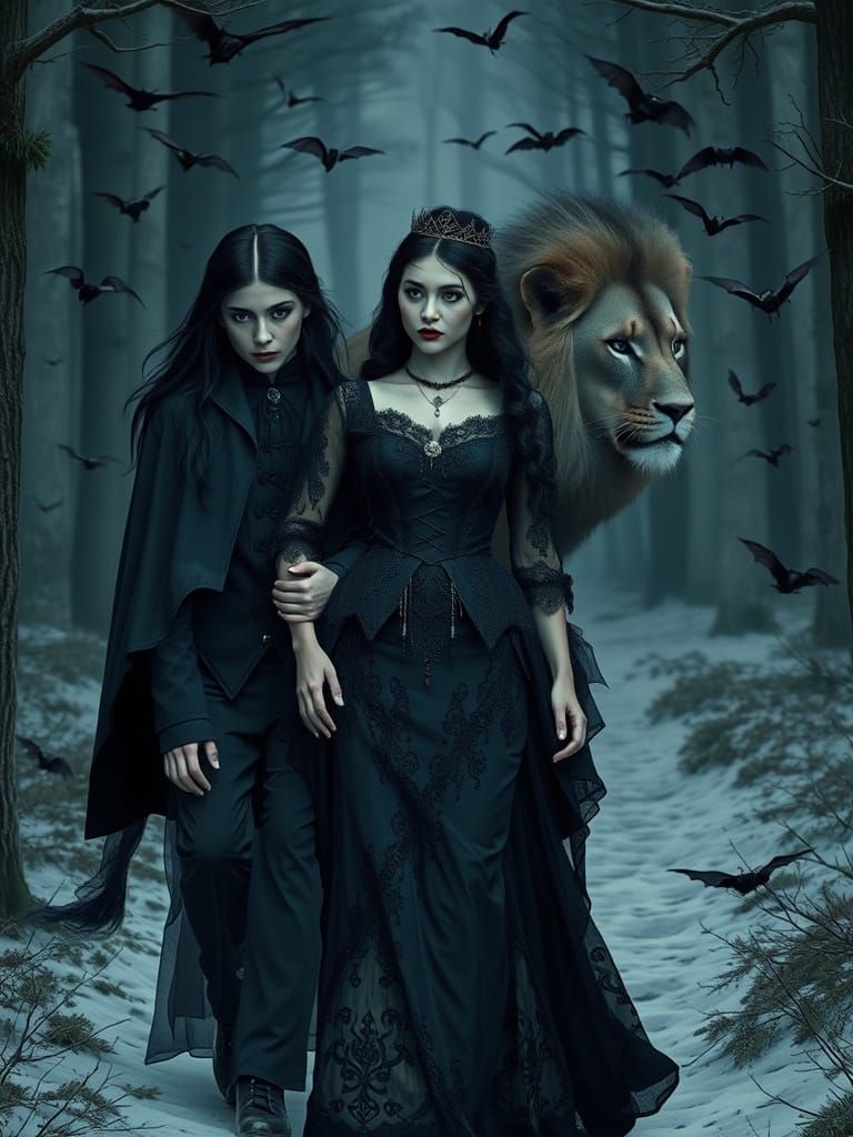 Vampirella and Black Lion in Snowy Forest