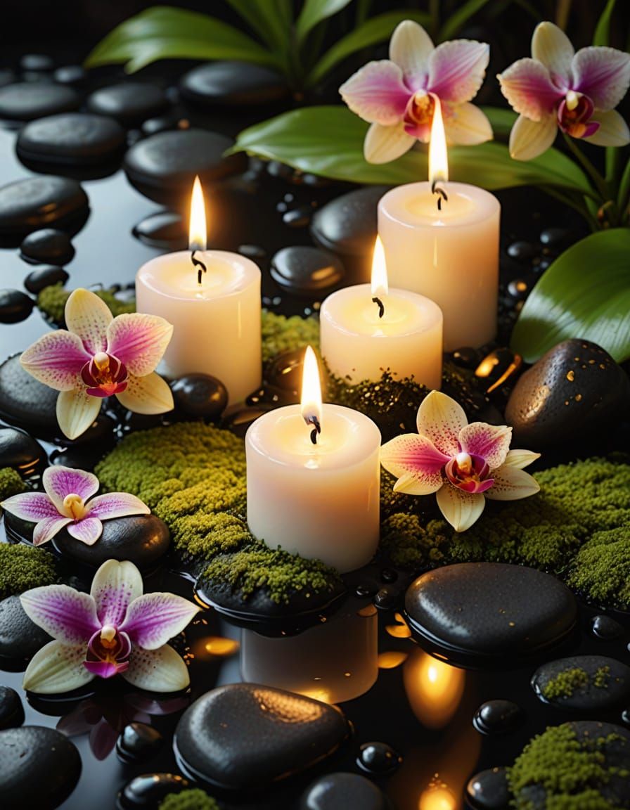 Serene Evening Scene with Candles and Orchids in Vibrant Oil...