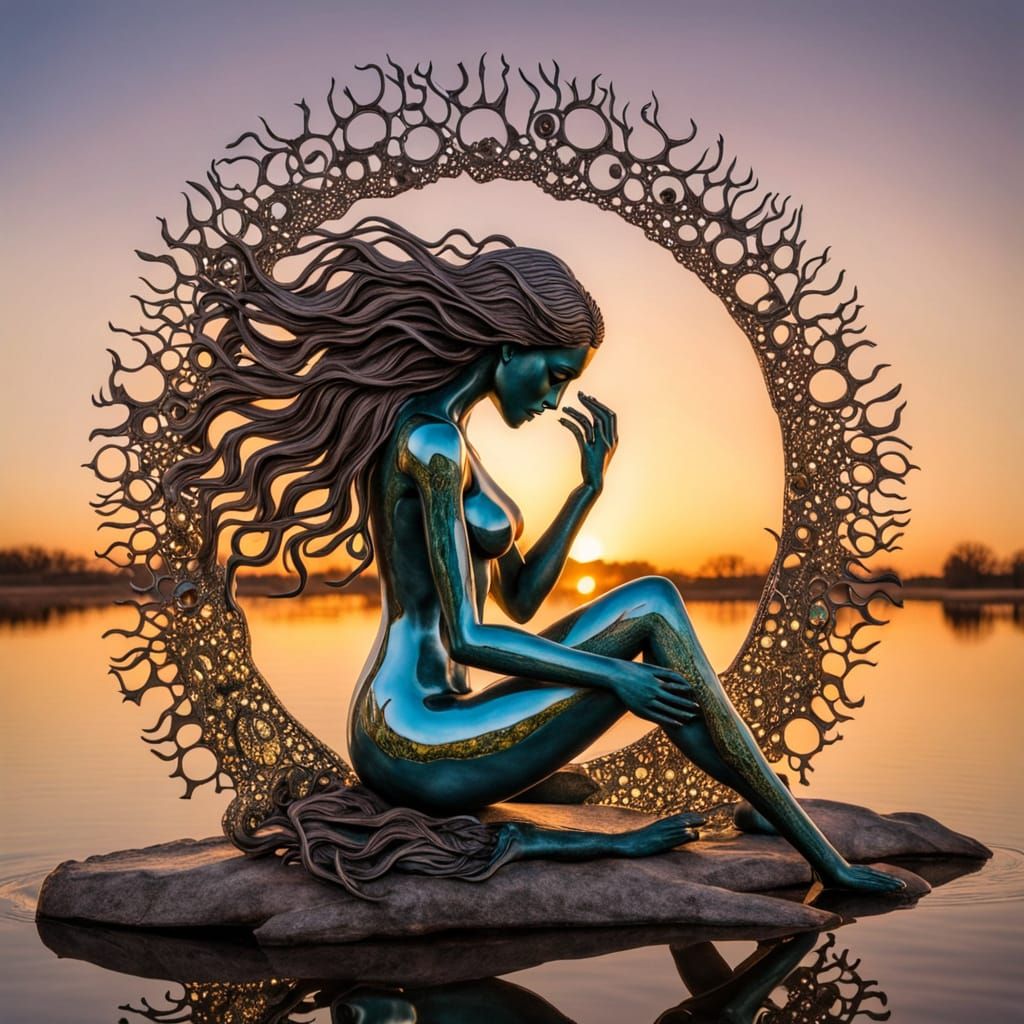 Surreal Woman Sculpture at Sunset: Bio Art Collage