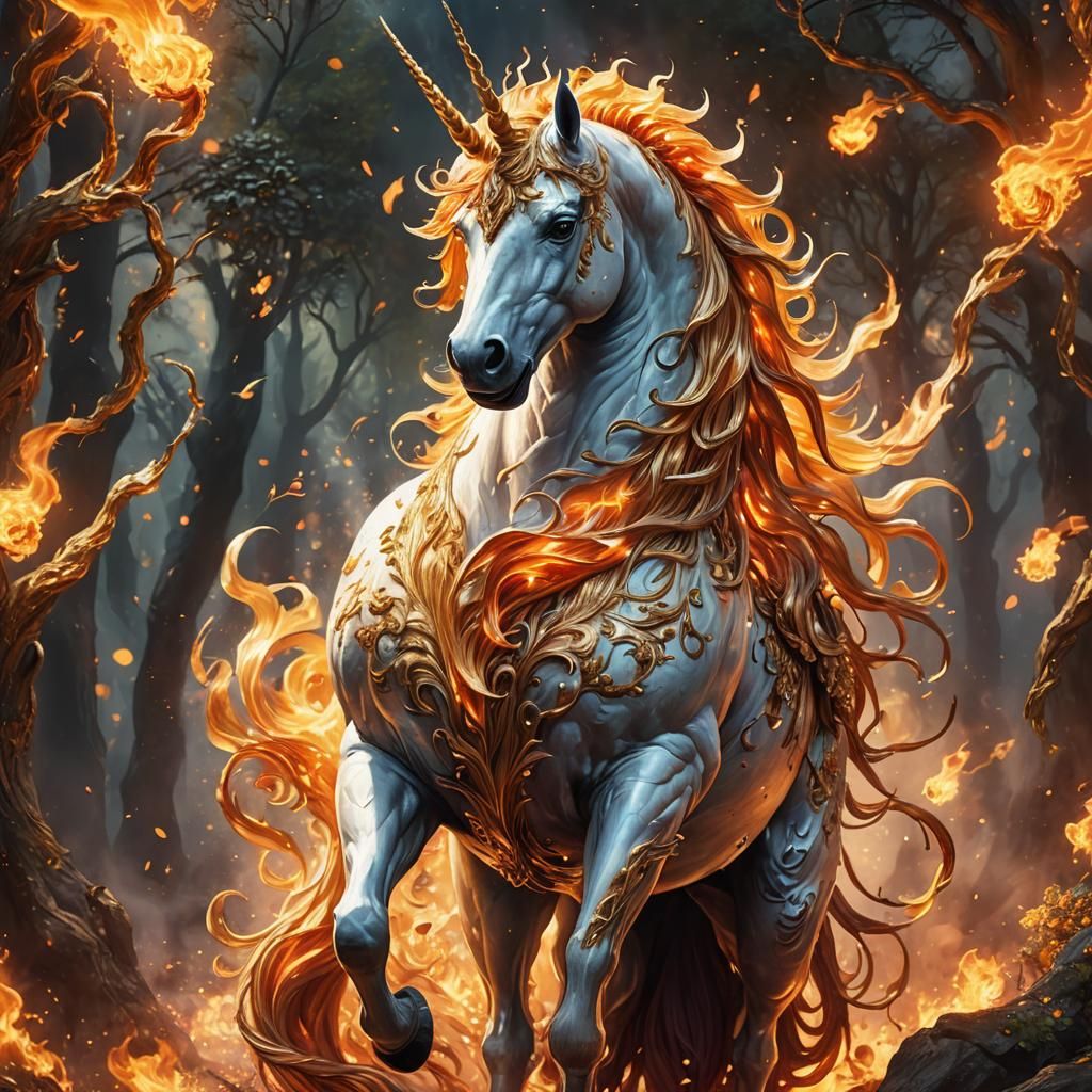 Fiery Unicorn: Mythical Creature in High Fantasy Style