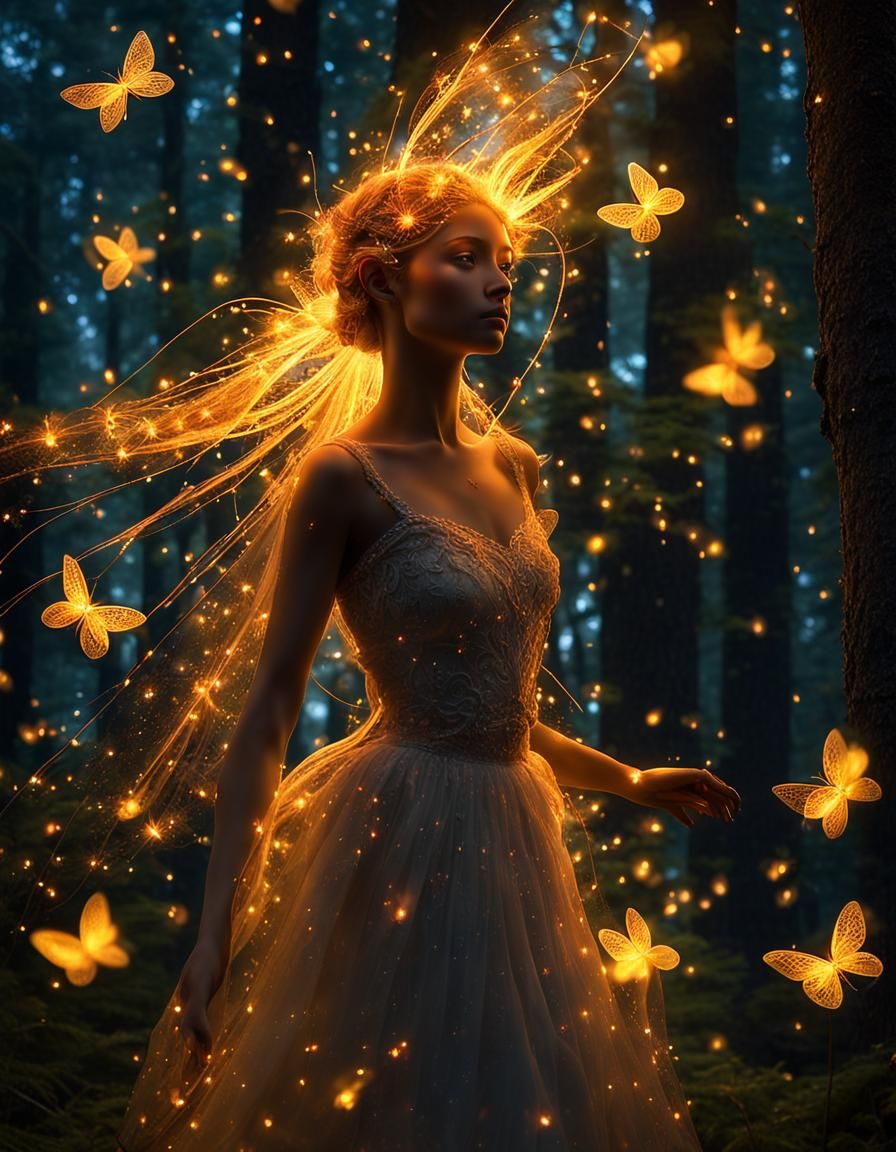 In a moonlit forest bathed in the ethereal glow of fireflies, there is fire pixie, her form composed of swirling embers ...