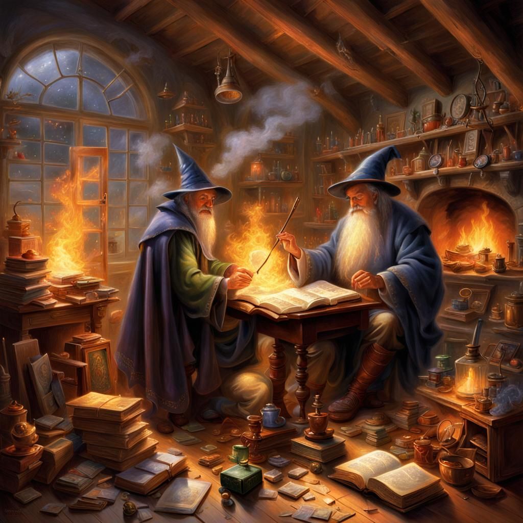 Wizard Studying Magic Tome in Workshop