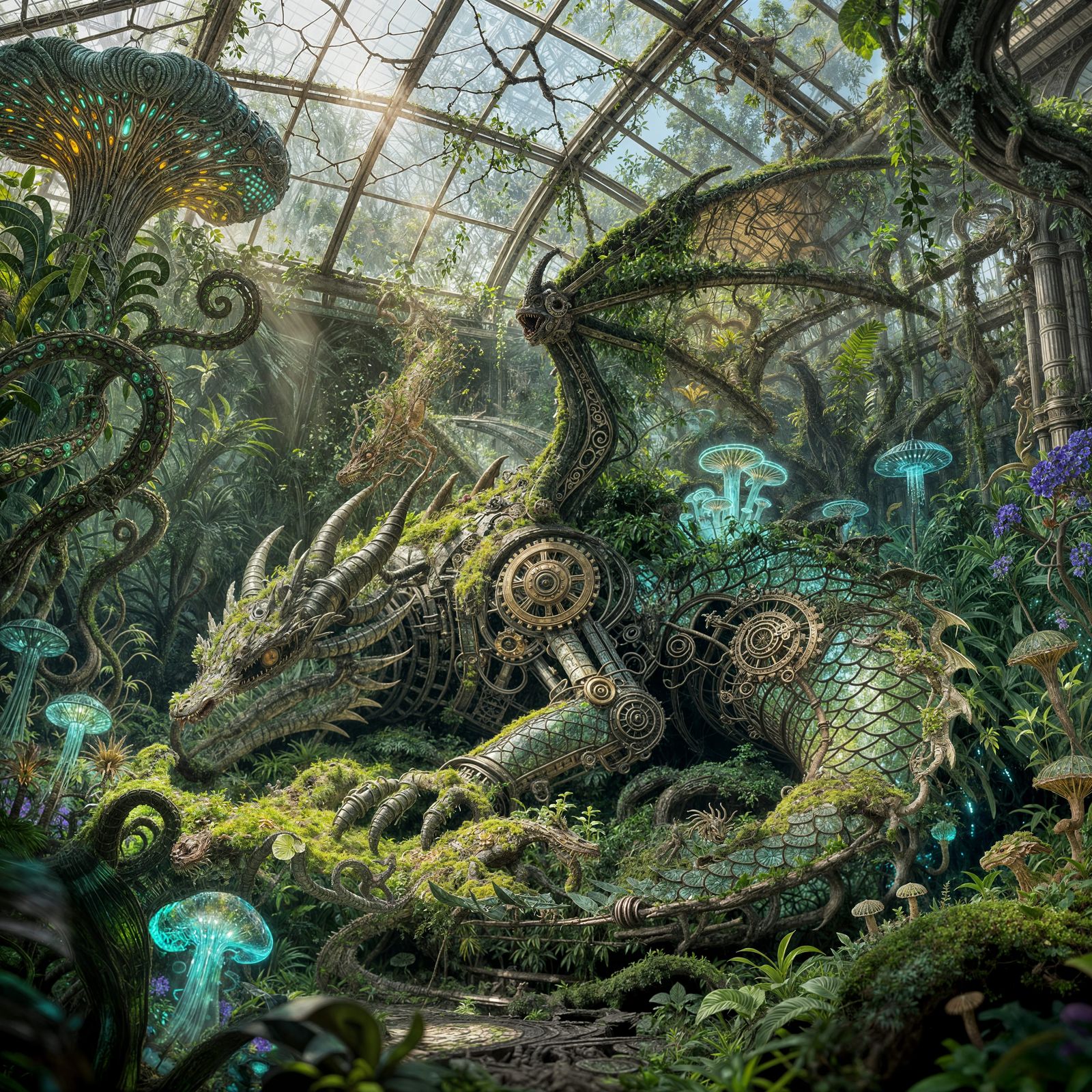 Moss-Covered Mechanical Dragon in Enchanted Greenhouse