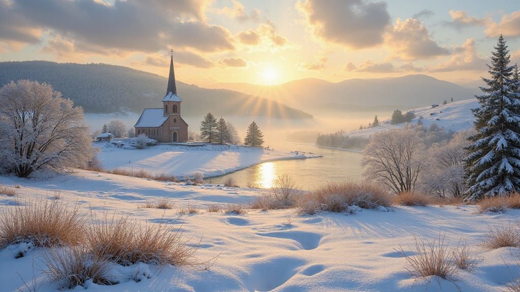 Sunlit Winter Church in Peaceful Meadow