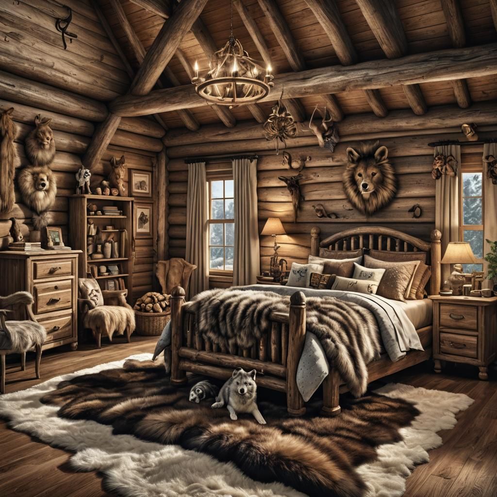 Hyperrealistic Log Cabin Girl's Bedroom with Fur Rug