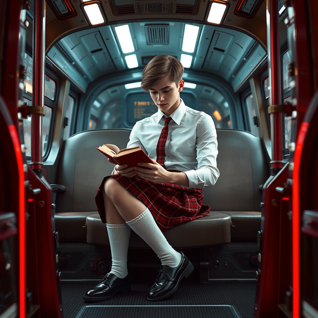 Elegant Young Man in Futuristic Bus Interior
