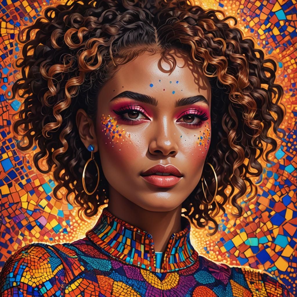 Pointillism Portrait with Bold Colors and Geometric Design