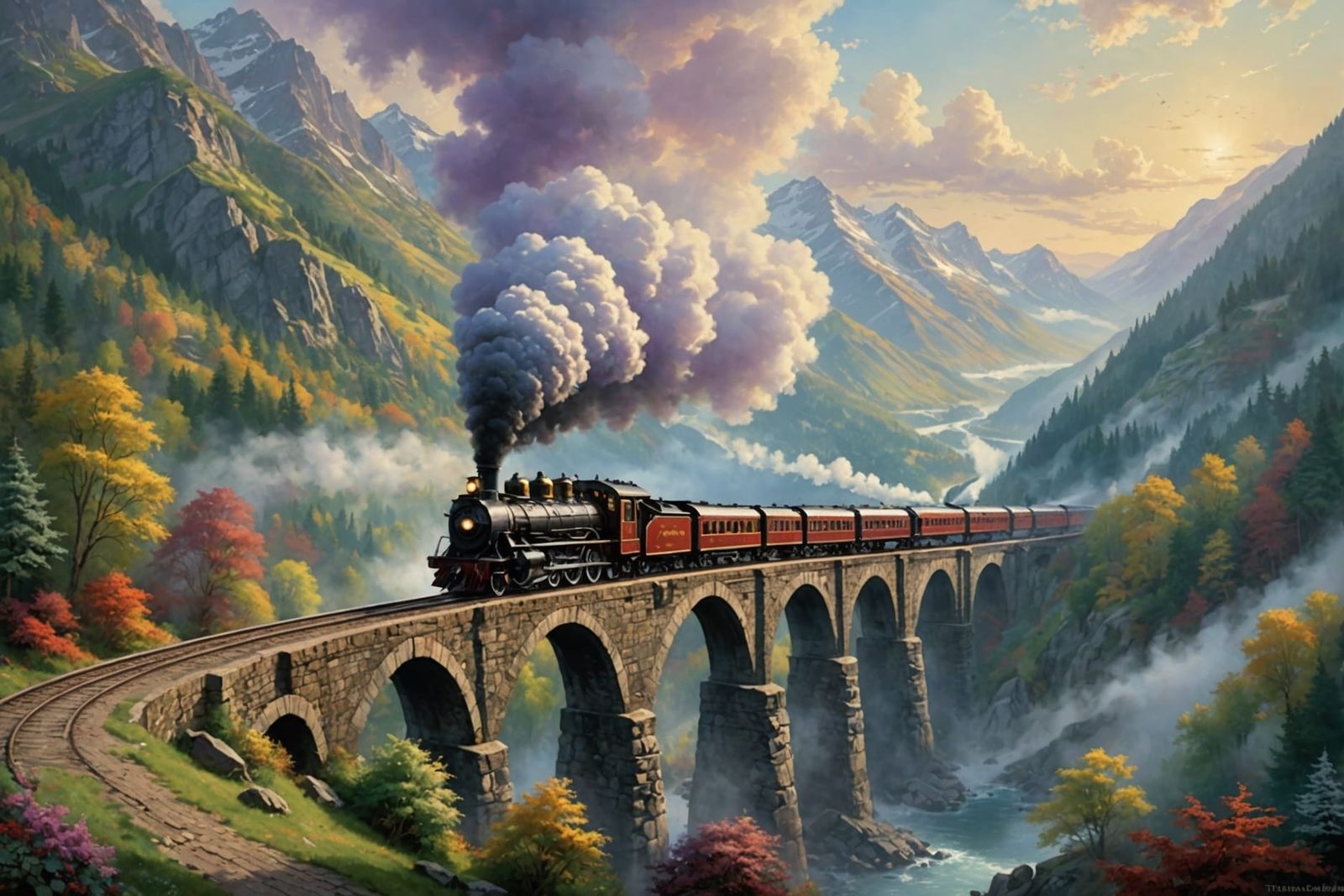 Ethereal Steam Train on Mountain Bridge in Kinkade Style