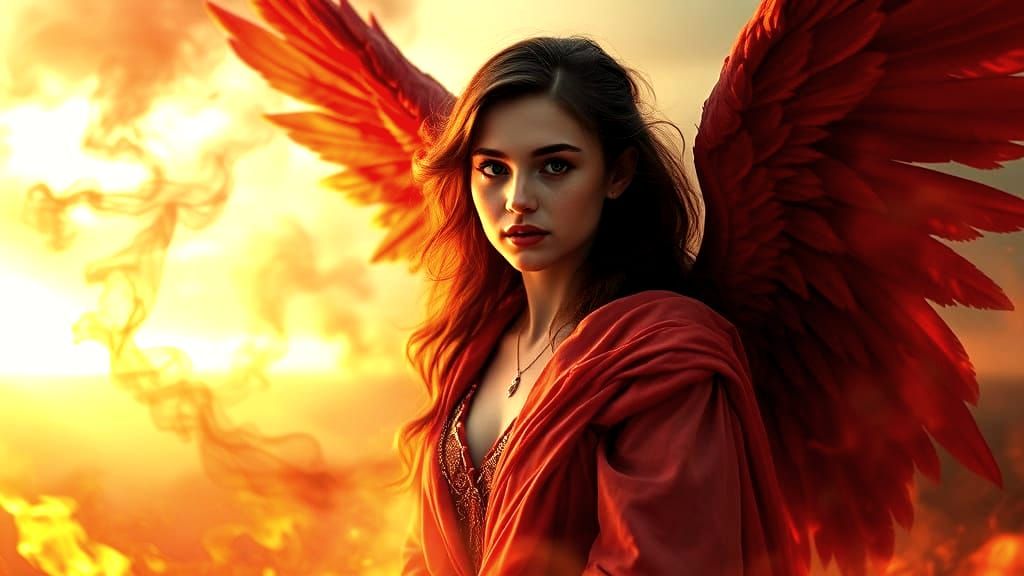 Red-Winged Angel Emerges from Fiery Vortex