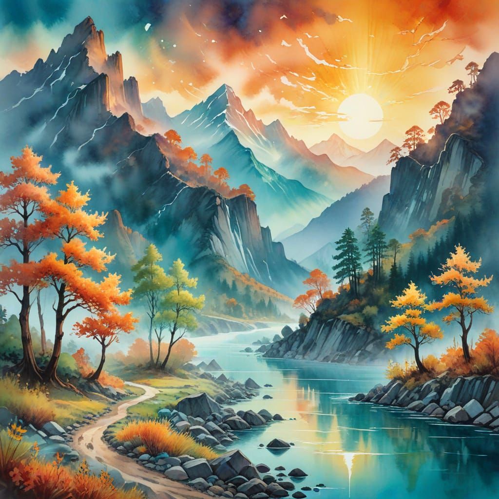 a dreamlike landscape emerges with vibrant watercolor washes...