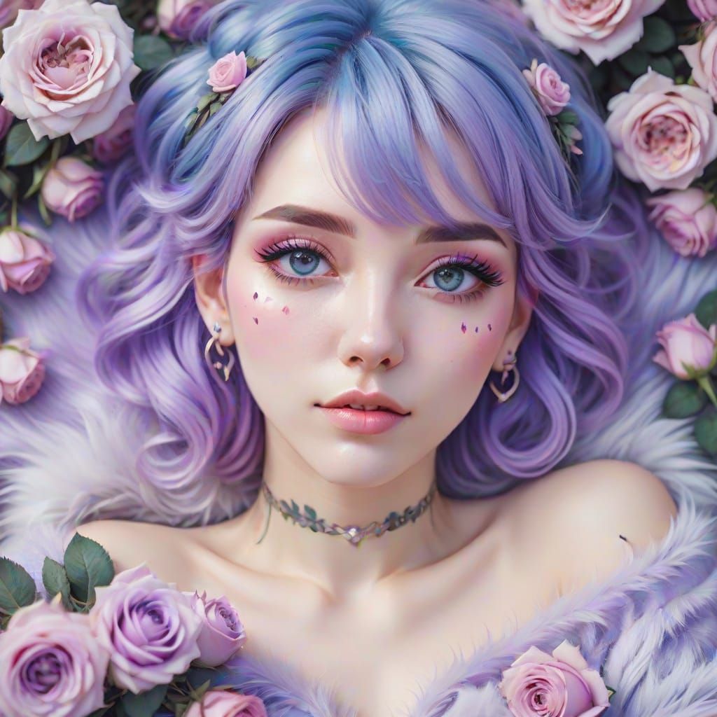 Anime Portrait: Woman with Floral Hair in Watercolor