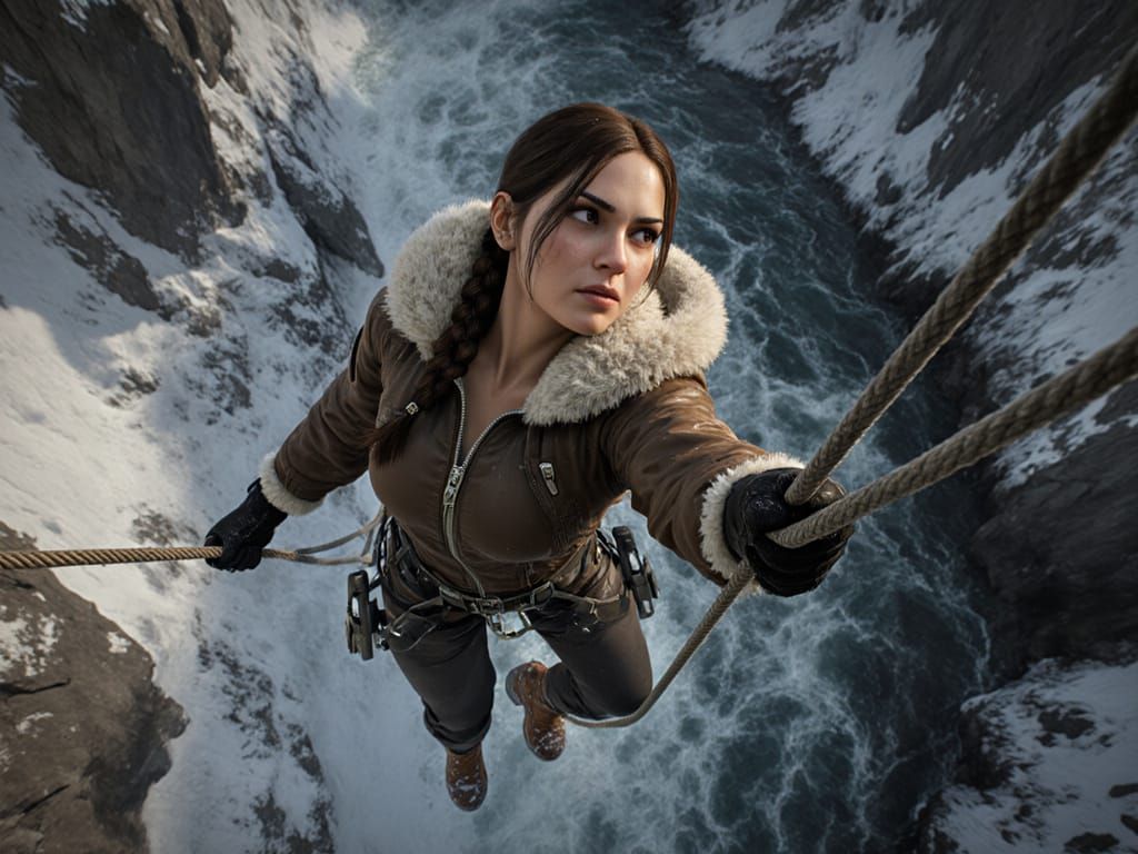 Lara Croft Rappelling Down Icy Peaks in Oil Painting Style