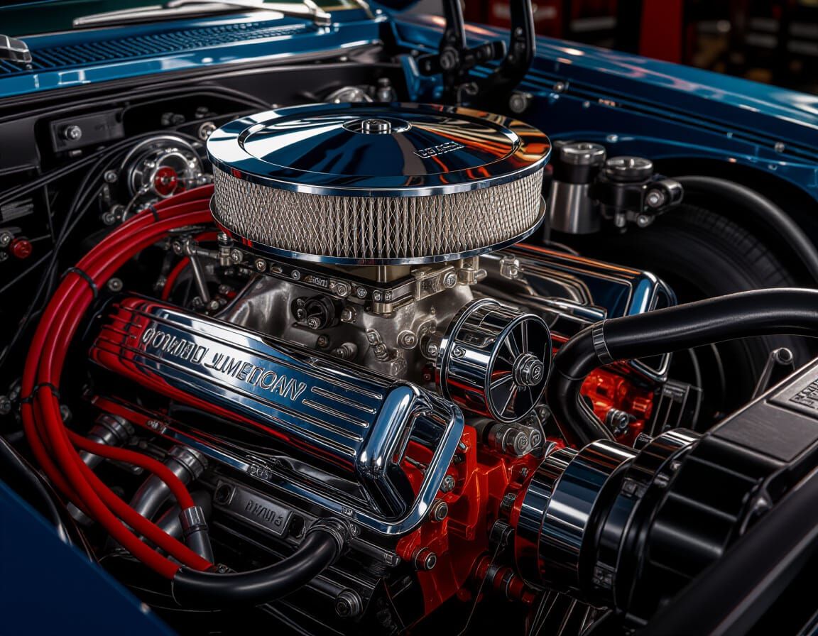 Close-Up Macro of Classic V8 Muscle Car Engine Bay