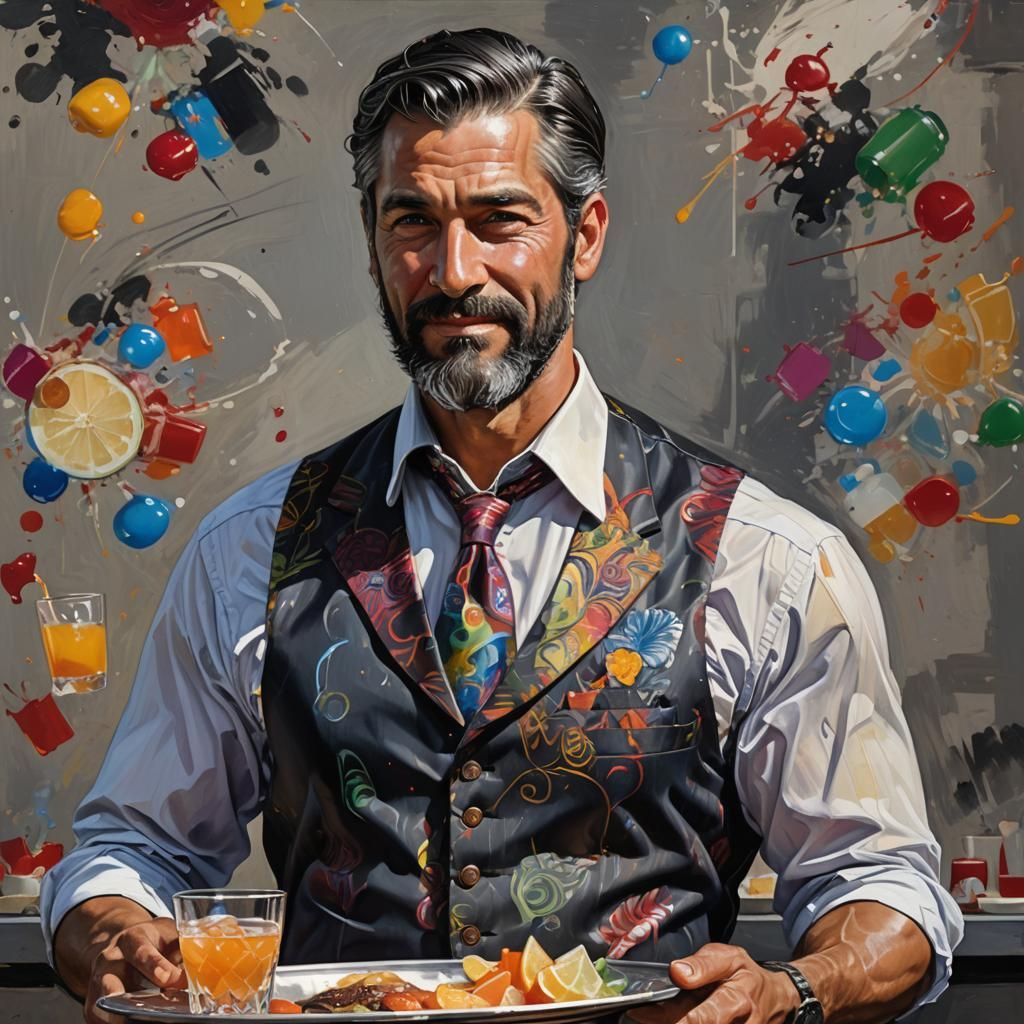 Charming Waiter with Drinks in Splash Art Style