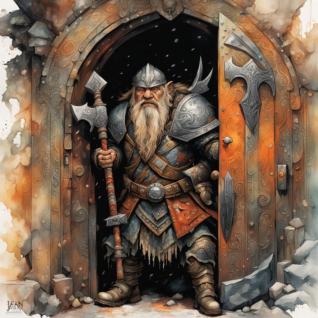 Dwarven Warrior Guards Doors of Durin in Art Deco