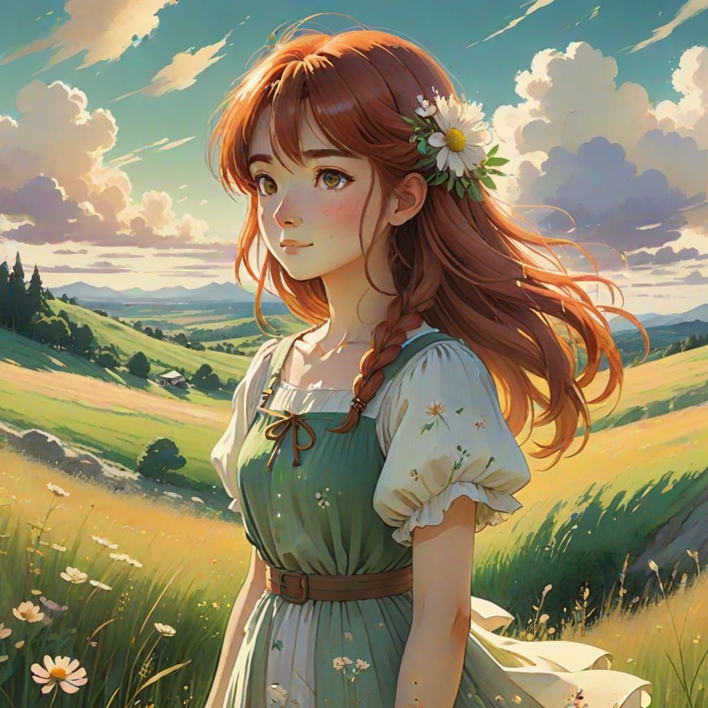 Ghibli-Inspired Anime Girl in Sunlit Meadow
