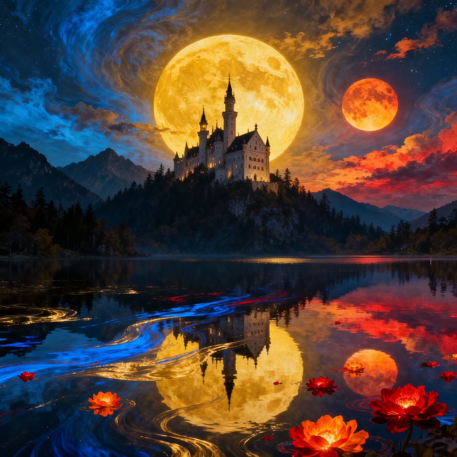 Gothic Castle Under Twin Moons in Golden Hour