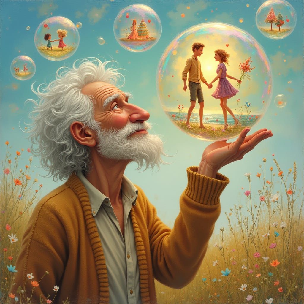 Wispy Elderly Man Blows Iridescent Bubbles with Joyful Memor...