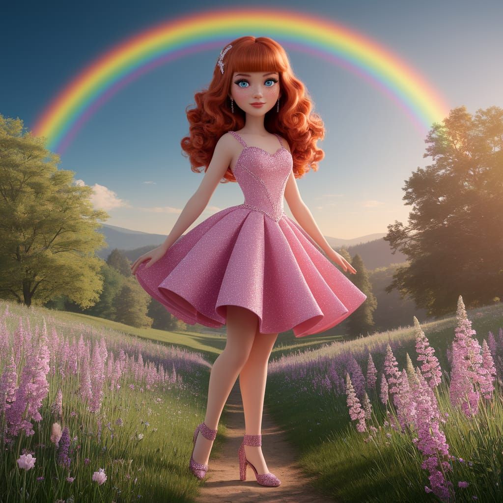A Young Woman Radiates Magic in a Vibrant Rainbow Scene