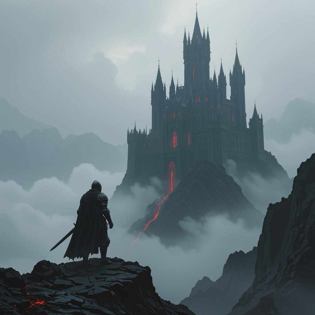 Knight Climbing Volcano Near Gothic Castle in Digital Art
