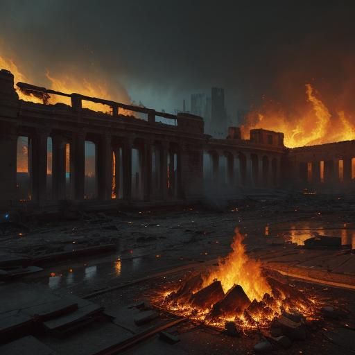 Cityscape Engulfed in Flames at Dusk: Cinematic Still