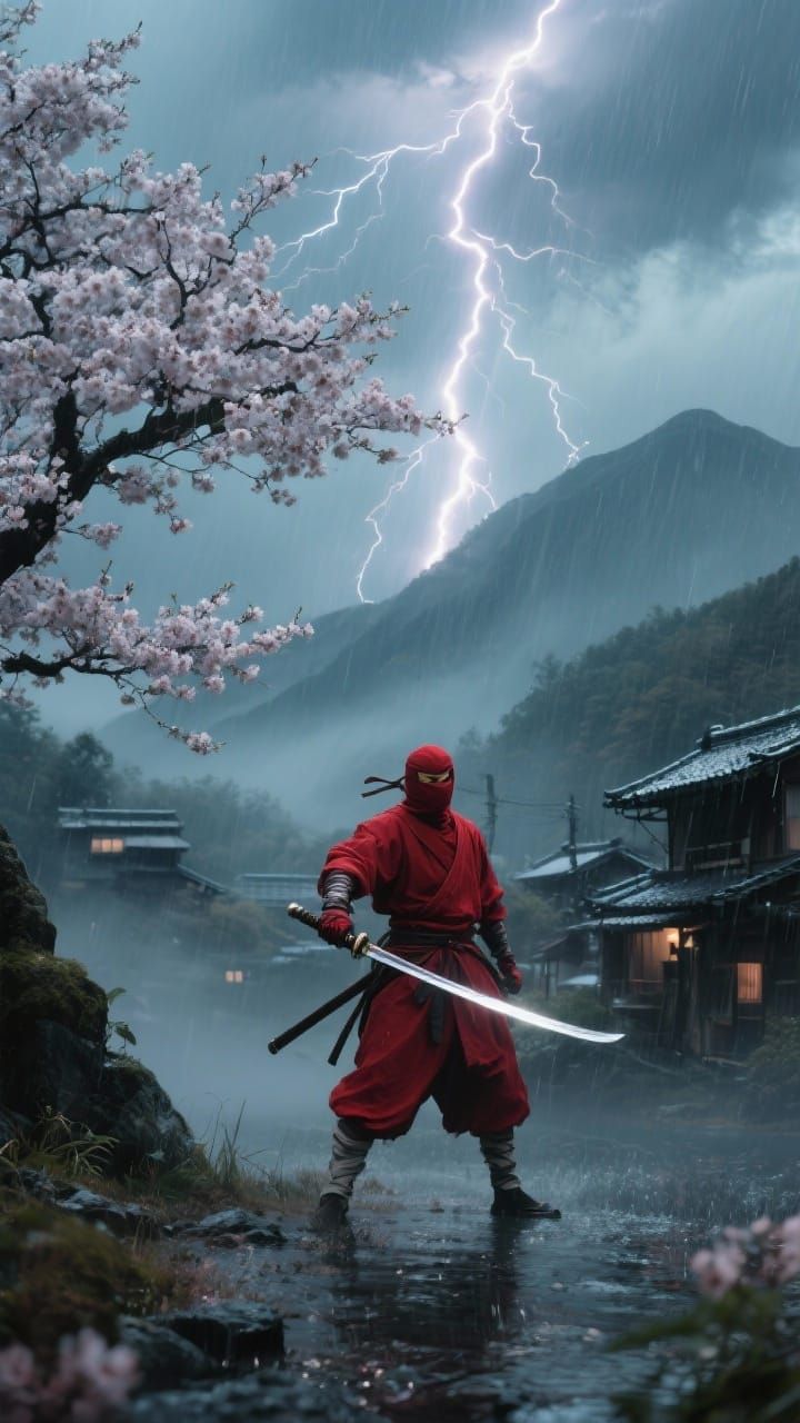 Red Ninja in Thunderstorm with Lightning Strike