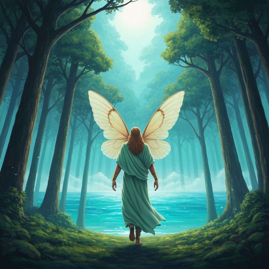 Majestic God With Moth Wings in Ethereal Landscape