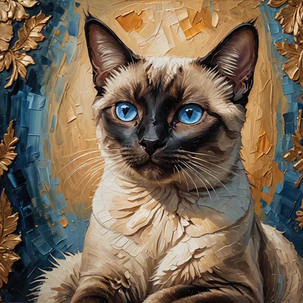 Mystical Siamese Cat Portrait as Impasto Oil Painting