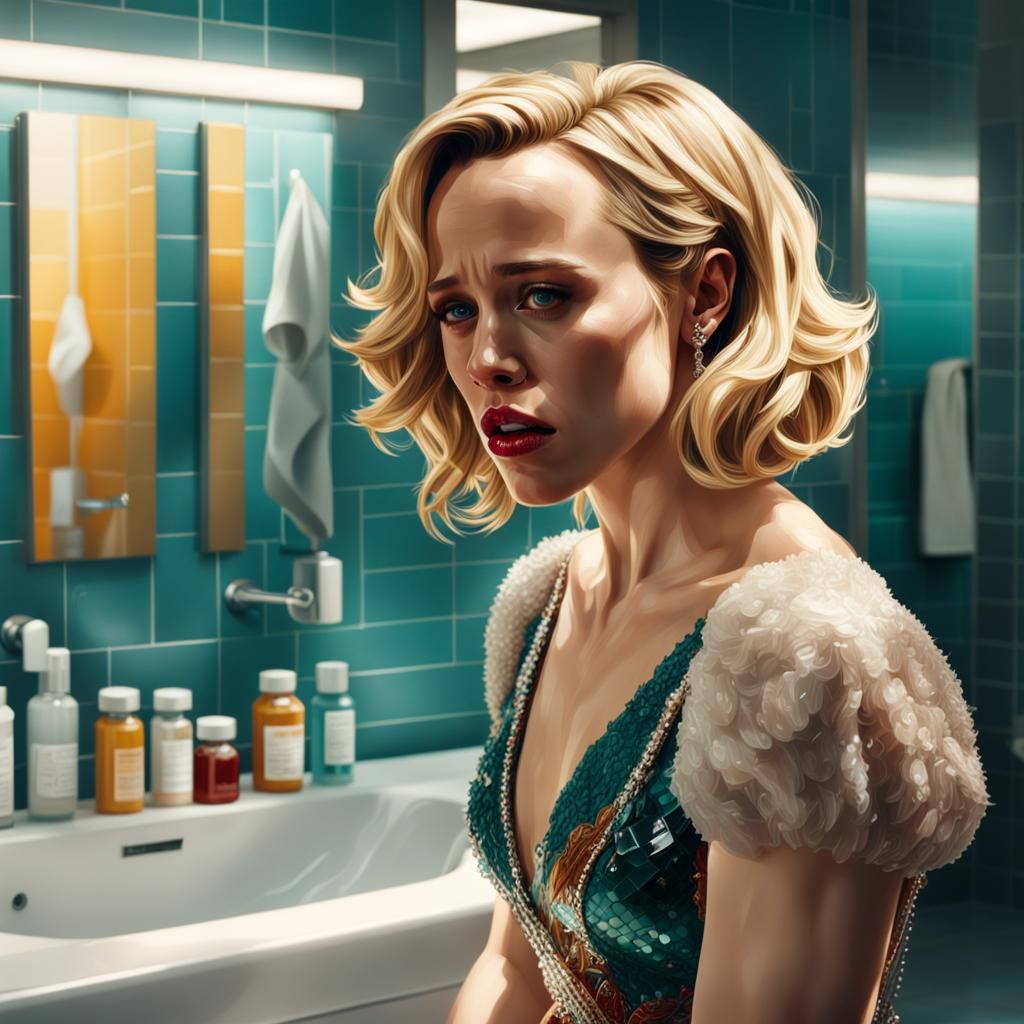 Distressed Woman Taking Pills in Modern Bathroom: Hyperreali...