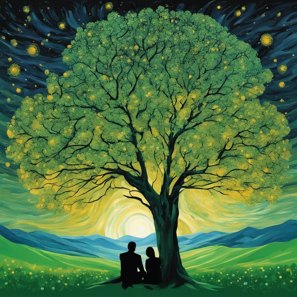 Lovers Under Starry Night Sky, Impressionist Style