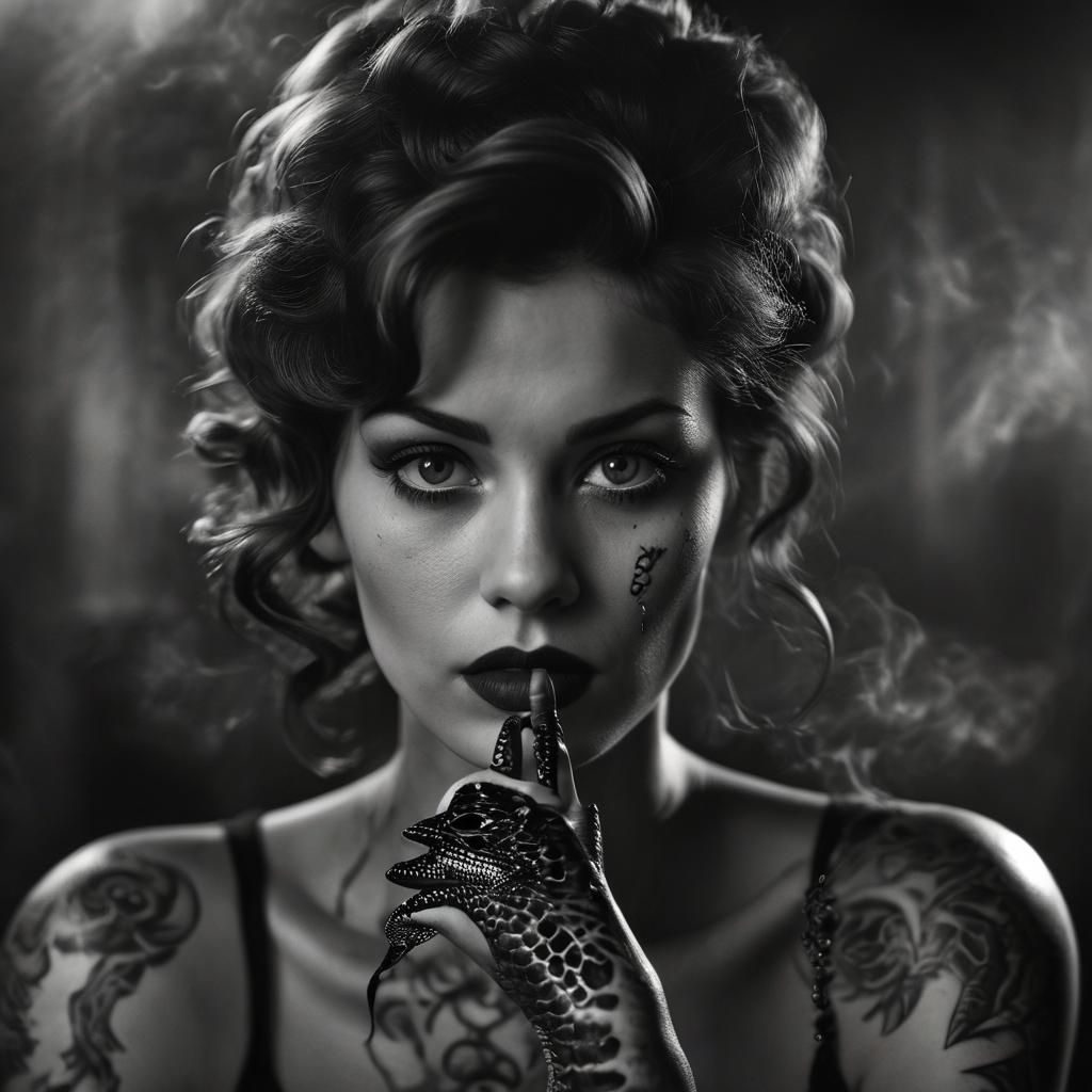 Film Noir Portrait of Woman with Snake Tattoo
