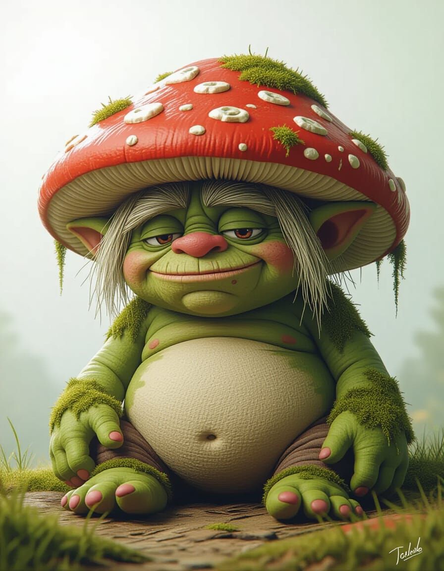 Mossy Plush Troll Under Mushroom Cap in Fantasy Style