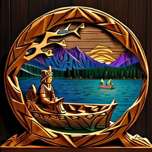Twilight Lagoon Wood Carving in Impressionistic Style