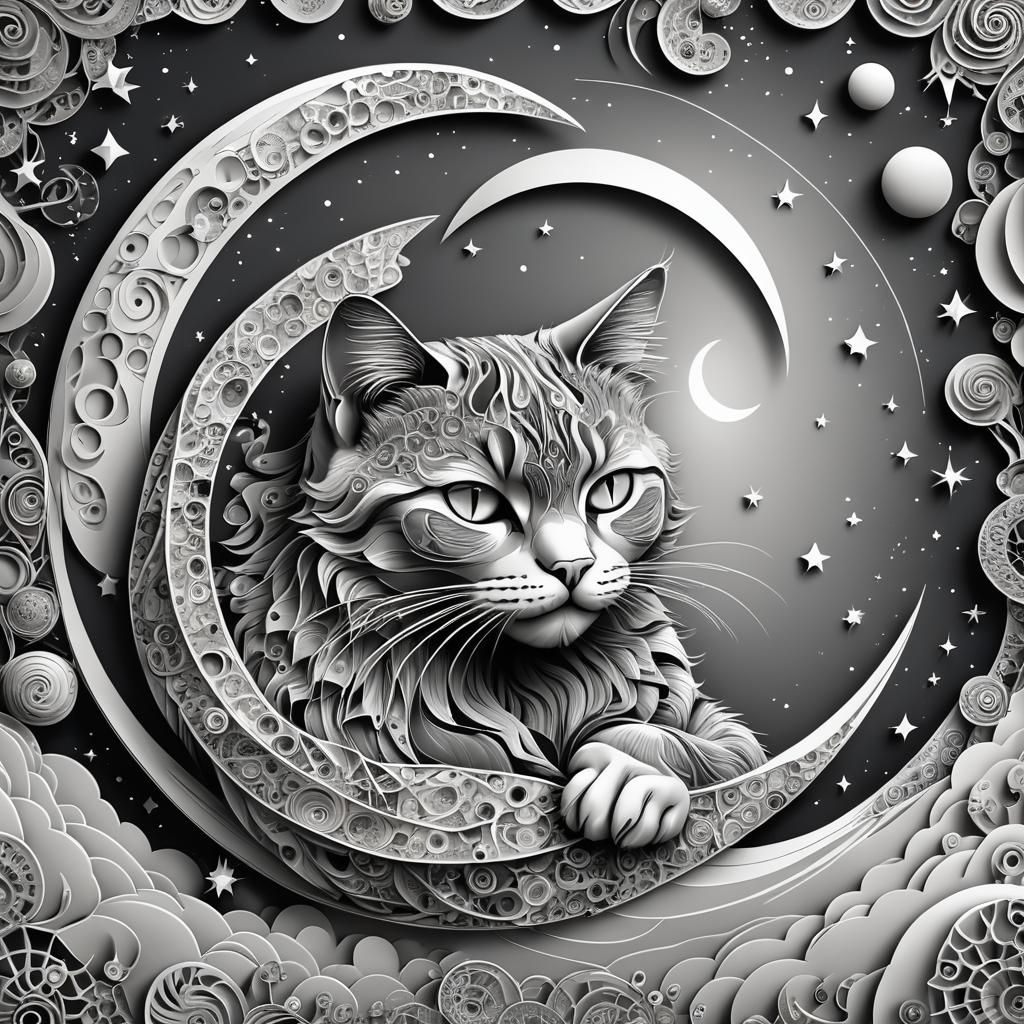 Cat Sleeping on Moon with Abstract Elements