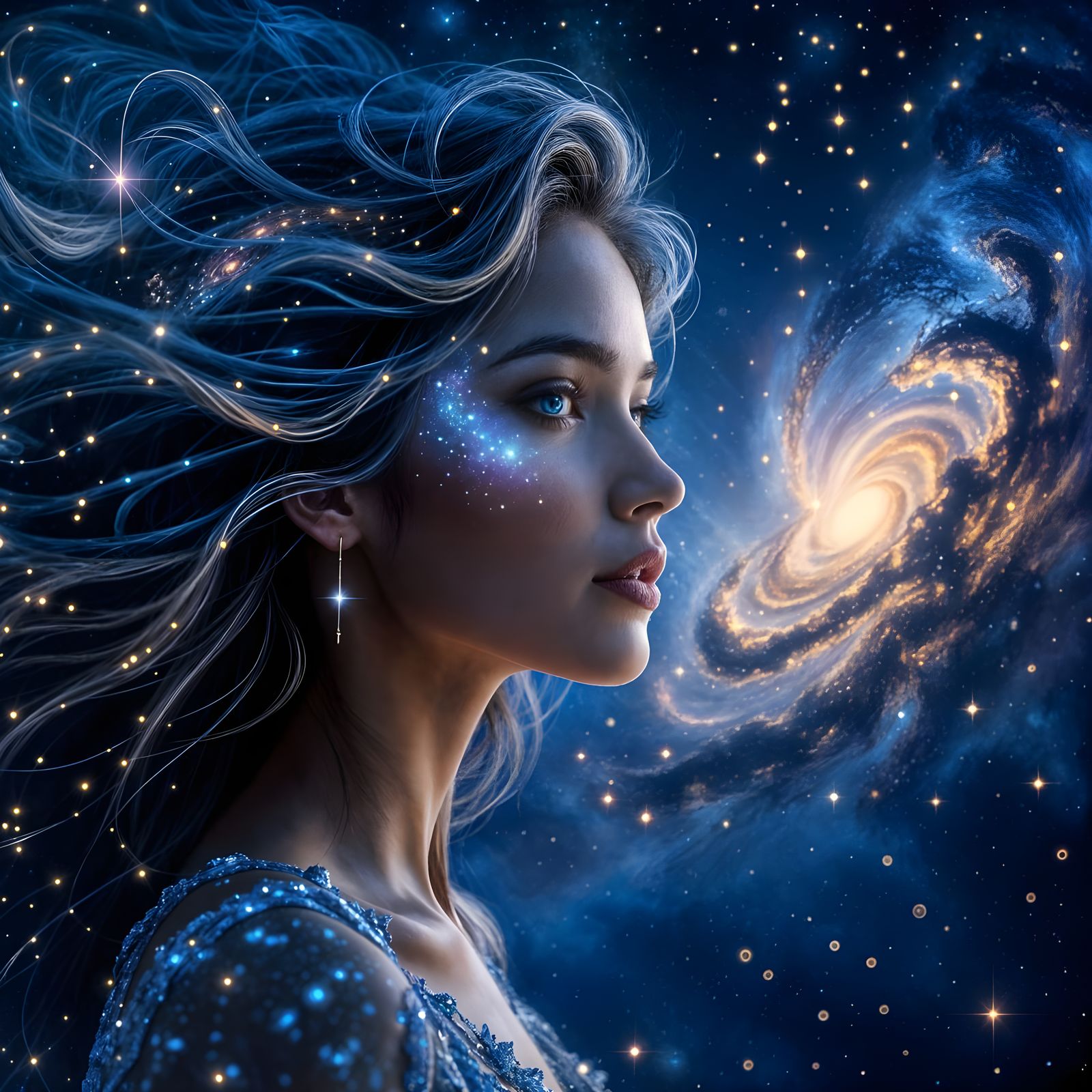 Celestial Woman Gazing at Nebula in Surreal Cosmic Art