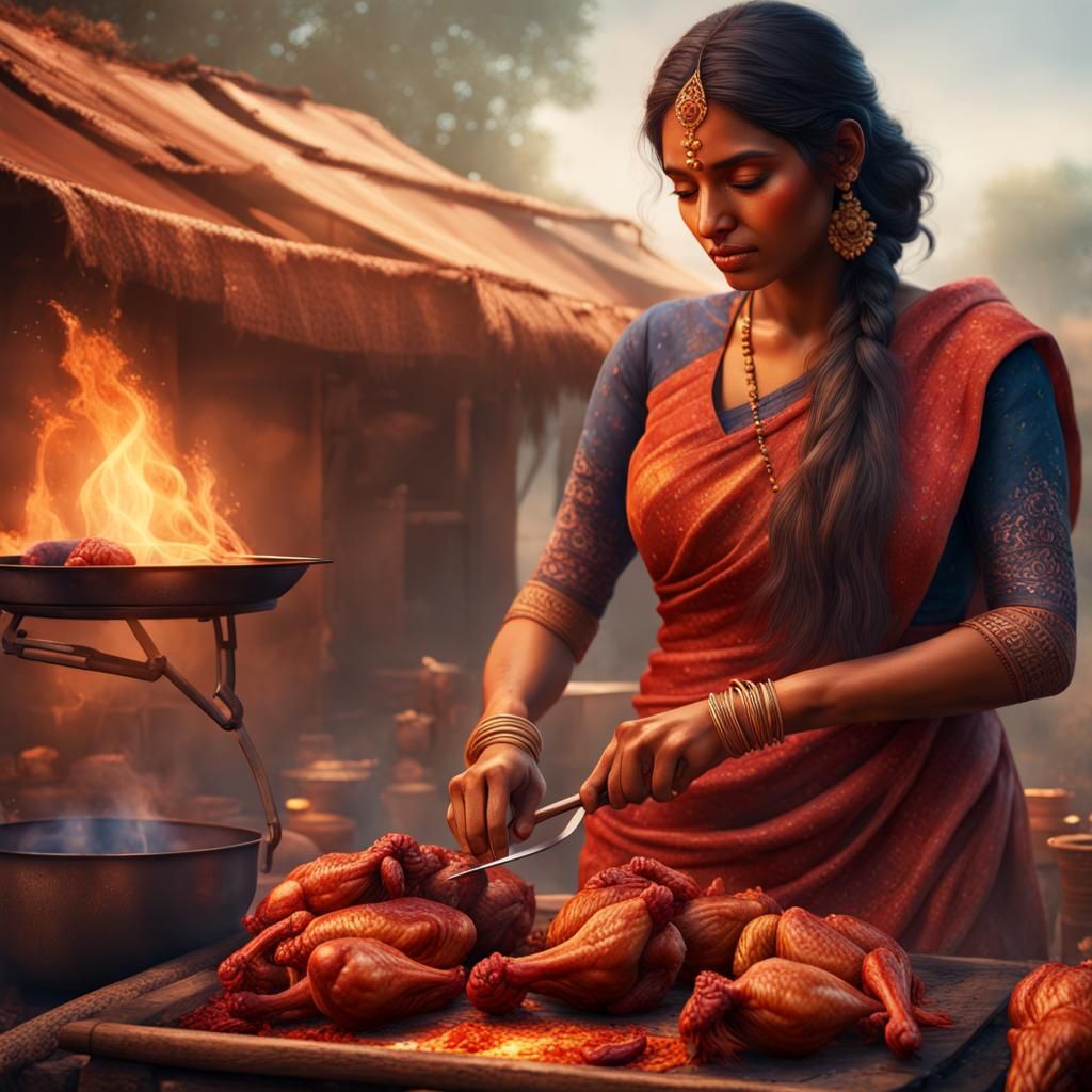 Beautiful Village indian woman cooking tandoori chicken Van ...