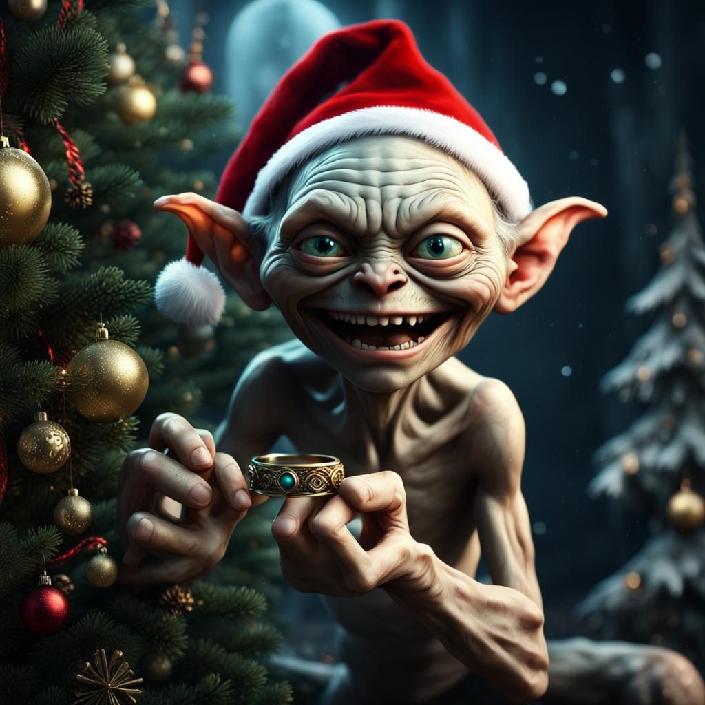 Surreal Gollum with Christmas Ring and Tree