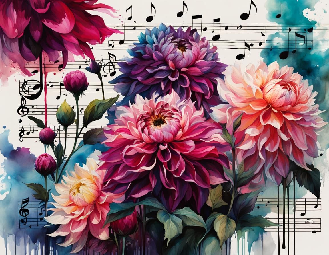 Fantasy Dahlias and Musical Notes in Ink