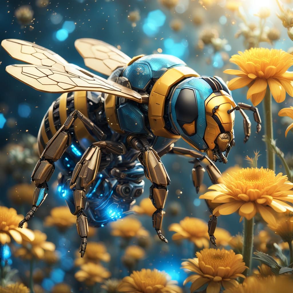 Biomechanical Bee Buzzing Among Futuristic Flowers